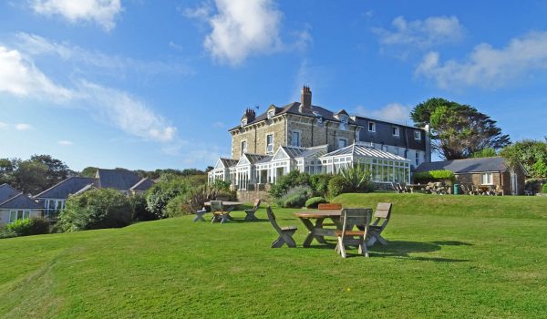 Exterior of Porth Veor Manor hotel and gardens