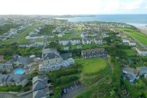 Aerial view of the hotel and grounds